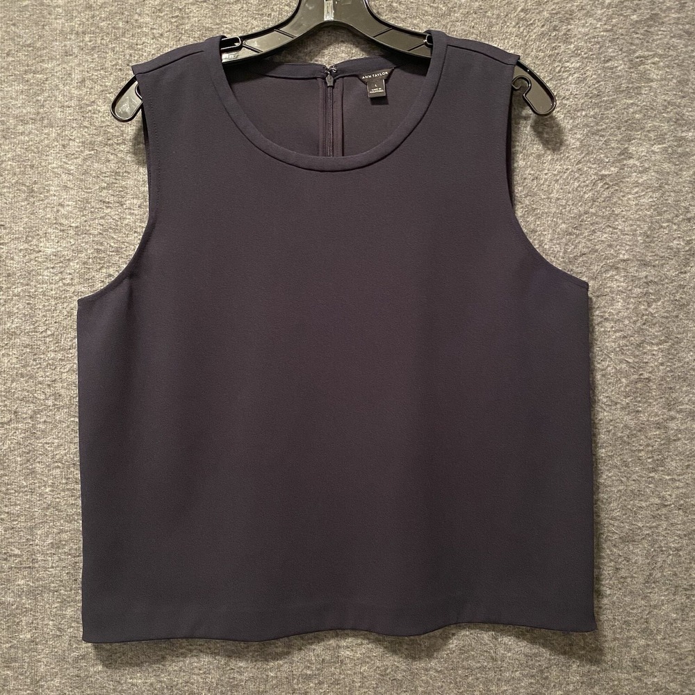Ann Taylor Top Women Large Navy Blue Sleeveless Tank Shell Office Career Preppy